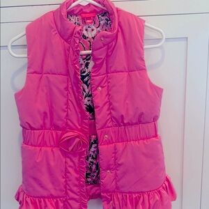 Lilly Pulitzer Girls Pink Ruffled puffer vest XL panda print inside
